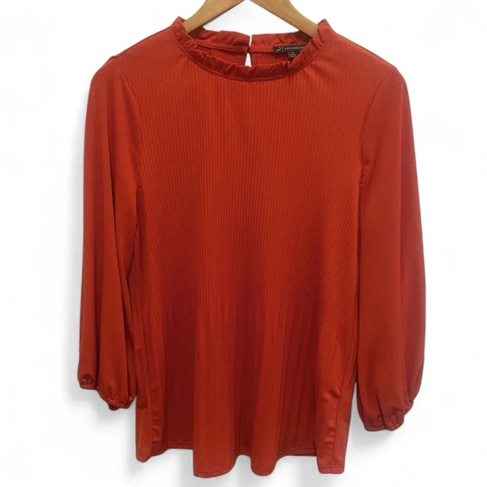 Adrianna Papell Solid Ruffle Neck Pleated Top Color Chili Size Large